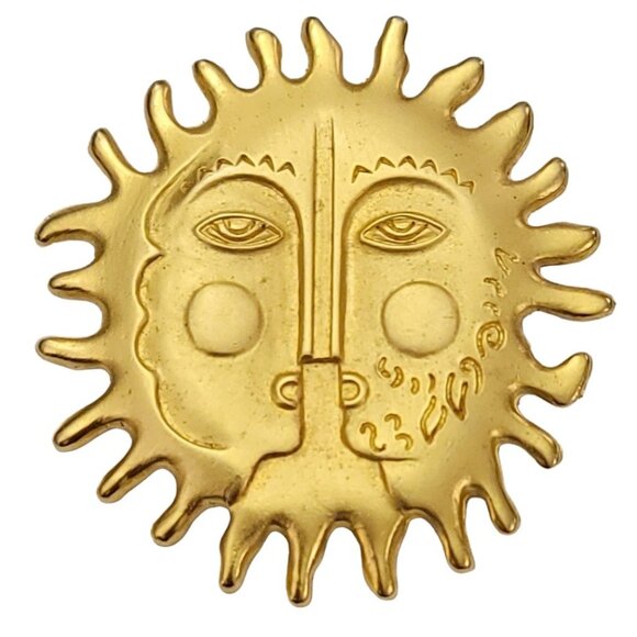 Maxine Denker Gold Tone Sun Face Brooch Pin, Signed K585 - Picture 1 of 8